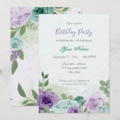 blauwe paarse bloemen groene bladeren verjaardag kaart (Voorkant / Achterkant)