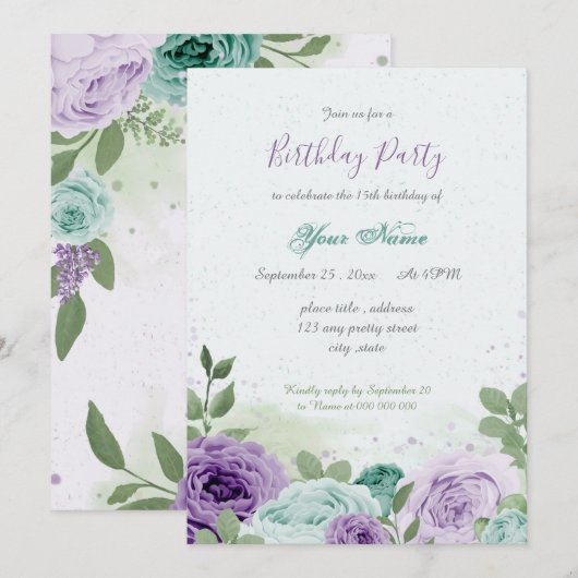 blauwe paarse bloemen groene bladeren verjaardag kaart (Voorkant / Achterkant)