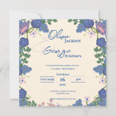 Blauwe & Paarse Bloemen Huwelijksuitnodiging (Voorkant)