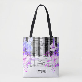 blauwe paarse bloemen muzieknoten piano tote bag
