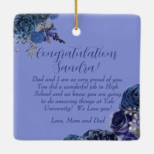 Blauwe paarse bloemen | Zilver Afstuderen Keepomwi Keramisch Ornament (Achterkant)