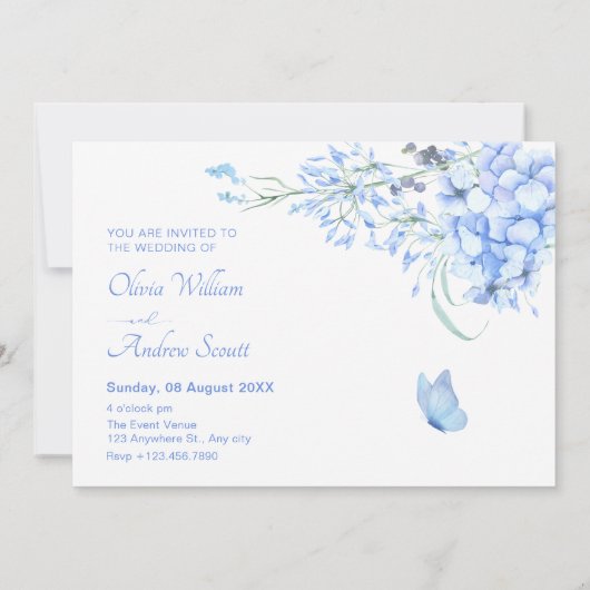 Blauwe paarse bloemenbloei elegante bruiloft kaart (Achterkant)