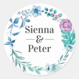 Blauwe paarse bloemenbruiloft naam stickers