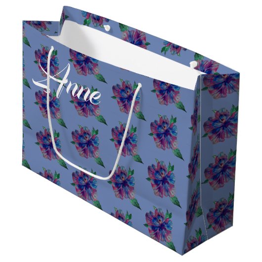 Blauwe Paarse bloemtekening Custom Gift Bag Large Cadeautasje (Voorkant Gekanteld)