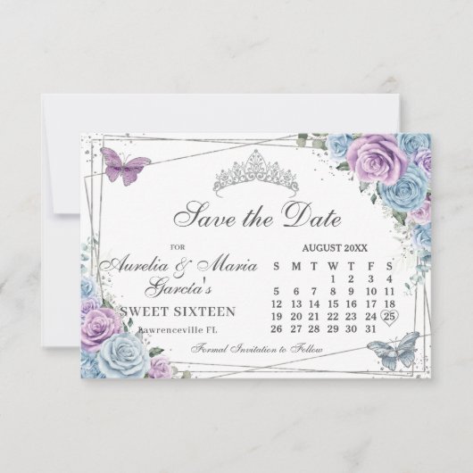 Blauwe Paarse Bloemtweeling Sweet 16 Quince Kalend Save The Date (Voorkant)