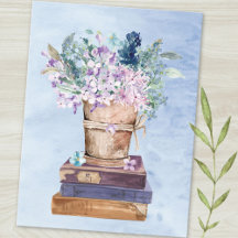Blauwe Paarse Boeken en Bloemen Art