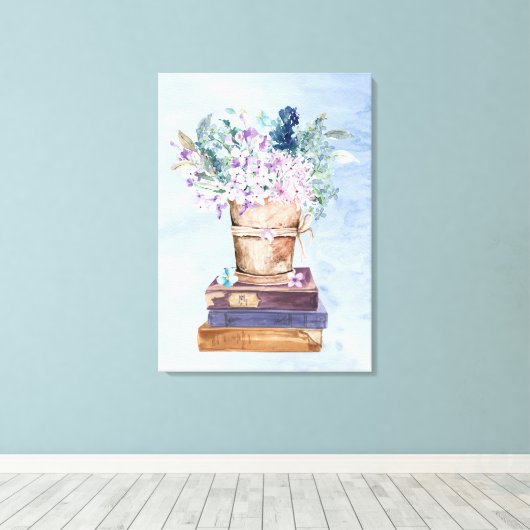 Blauwe Paarse Boeken en Bloemen Canvas Wall Art (Insitu (Houten vloer))