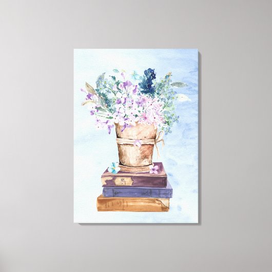 Blauwe Paarse Boeken en Bloemen Canvas Wall Art Afdruk (Voorkant)