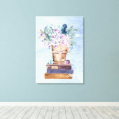 Blauwe Paarse Boeken en Bloemen Canvas Wall Art Afdruk (Insitu (Houten vloer))