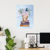 Blauwe Paarse Boeken en Bloemen Wandkunst Poster (Thuiskantoor)