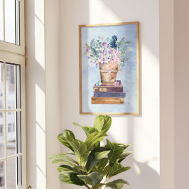 Blauwe Paarse Boeken en Bloemen Wandkunst Poster