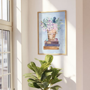 Blauwe Paarse Boeken en Bloemen Wandkunst Poster