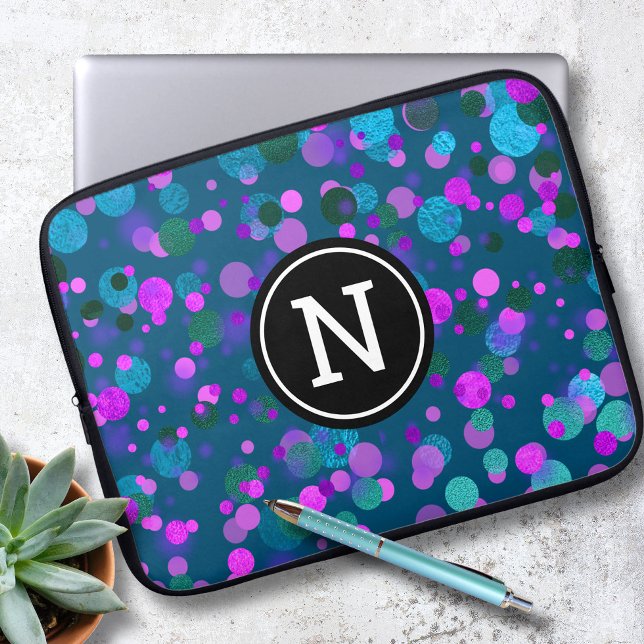 Blauwe paarse confetti glitter stippen monogram op laptop sleeve (Creator heeft geüpload)