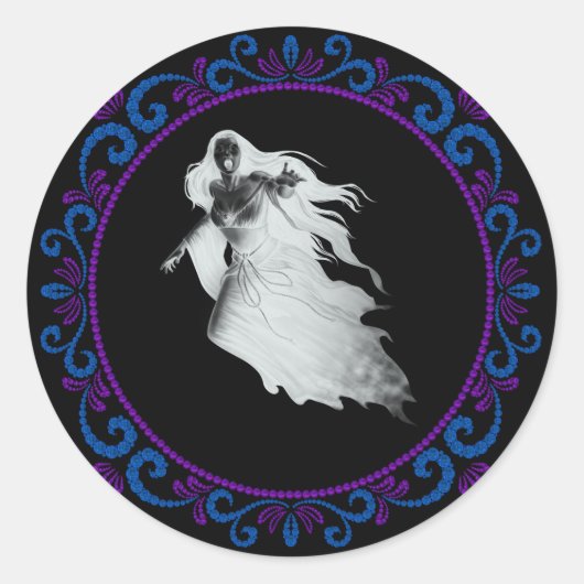 Blauwe Paarse dame in White Ghost Halloween Ronde Sticker (Voorkant)
