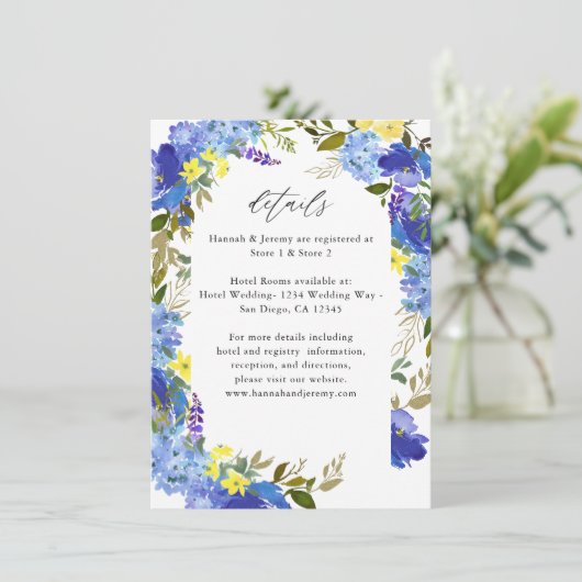 Blauwe Paarse en gele Floral — Kaart met details (Staand voorkant)