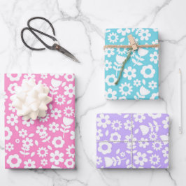 Blauwe, Paarse en Roze Gemengde Lente Bloemen Inpakpapier Vel