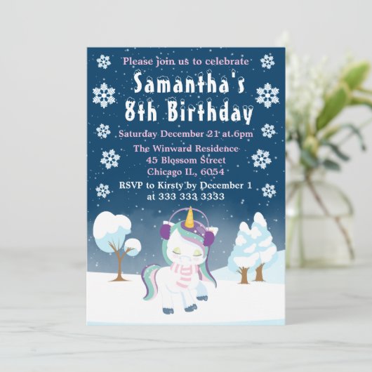 Blauwe Paarse en Witte Winter Unicorn Birthday Kaart (Staand voorkant)
