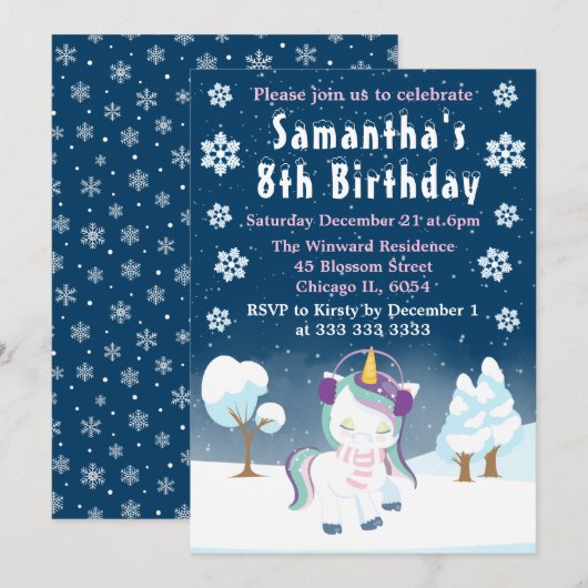 Blauwe Paarse en Witte Winter Unicorn Birthday Kaart (Voorkant / Achterkant)