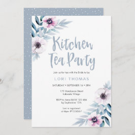 Blauwe paarse florale Kitchen Tea Party Invitation Kaart