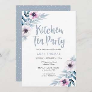 Blauwe paarse florale Kitchen Tea Party Invitation Kaart