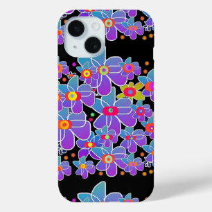Blauwe Paarse Flower Burst Zwart iPhone 15 Case