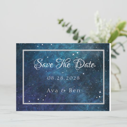 Blauwe Paarse Galaxy Bruiloft Save The Date Kaarte Kaart (Staand voorkant)
