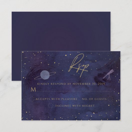Blauwe Paarse Galaxy Sterrennacht hemelse bruiloft RSVP Kaartje (Voorkant / Achterkant)