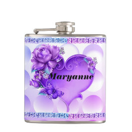 Blauwe/Paarse getextureerde erlenmeyer met hart en Heupfles