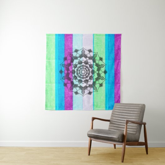 Blauwe Paarse groene Mandala Wall Art Wandkleed (In situ)