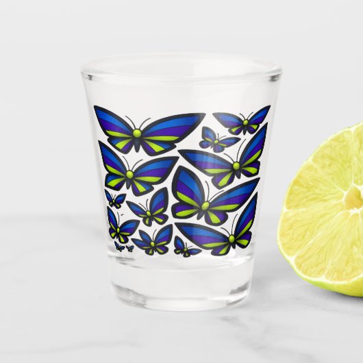 Blauwe Paarse groene vleugels nu Shot Glas (Voorkant)