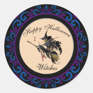 Blauwe Paarse Happy Halloween Heksen Ronde Sticker