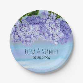 Blauwe paarse hortensia bloemen bruiloft papieren bordje