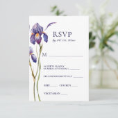 Blauwe Paarse Iris Floral Waterverf Wedding RSVP (Staand voorkant)