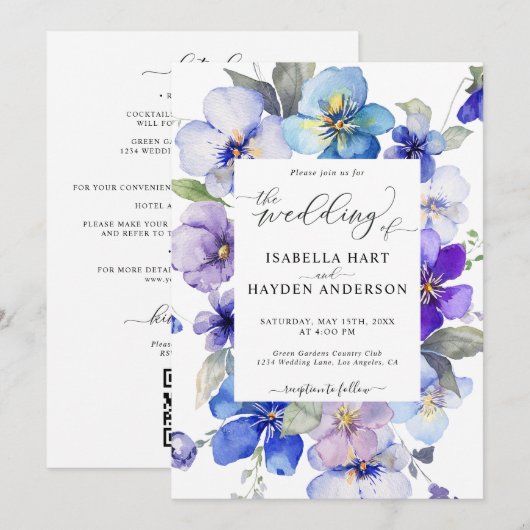 Blauwe Paarse lentebloem alles in 1 QR-code bruilo Kaart (Voorkant / Achterkant)