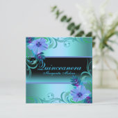 Blauwe & Paarse Levendige Bloem Quinceanera Uitnod Kaart (Staand voorkant)