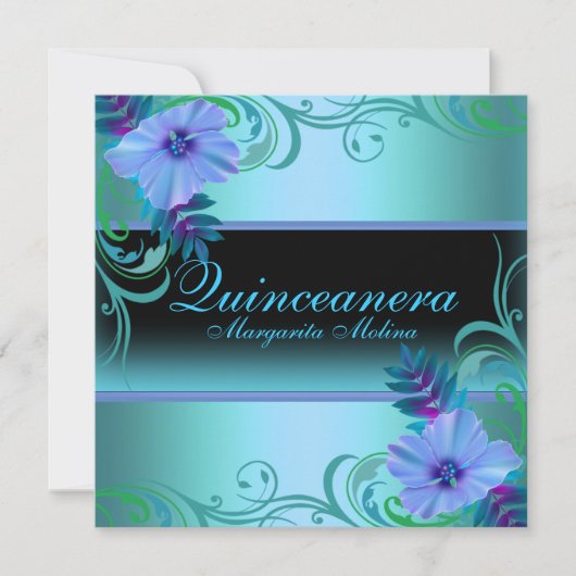 Blauwe & Paarse Levendige Bloem Quinceanera Uitnod Kaart (Voorkant)