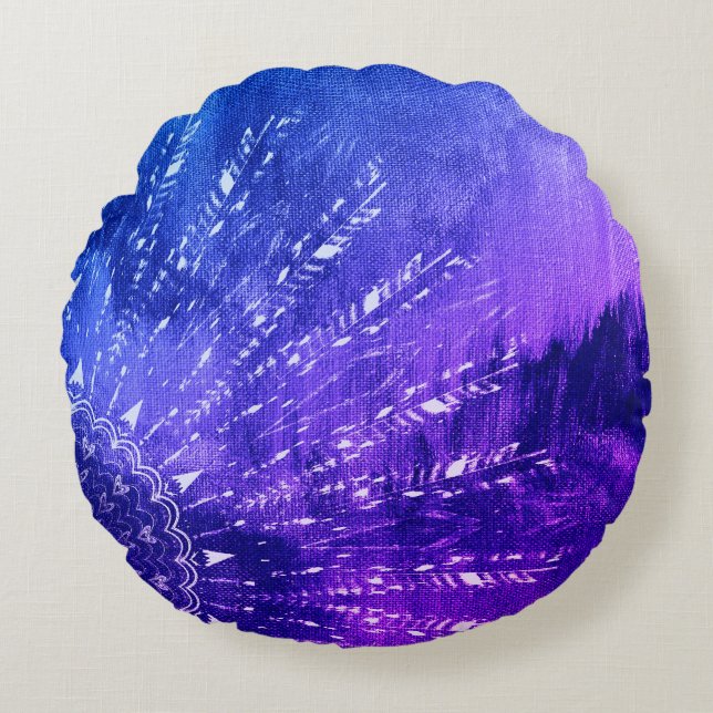 Blauwe Paarse Mandala Clouds Boho Bohemian Throw P Rond Kussen (Voorkant)