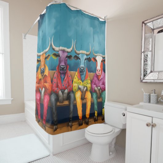 Blauwe Paarse Ox Koe Boerderij Aangekleed Douchegordijn (In situ)