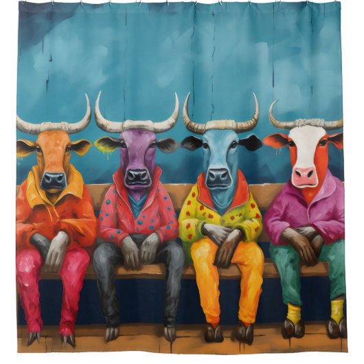 Blauwe Paarse Ox Koe Boerderij Aangekleed Douchegordijn (Voorkant)