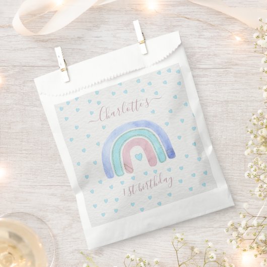 Blauwe Paarse pasteelregenboog eerste verjaardag Bedankzakje (Geknipt)