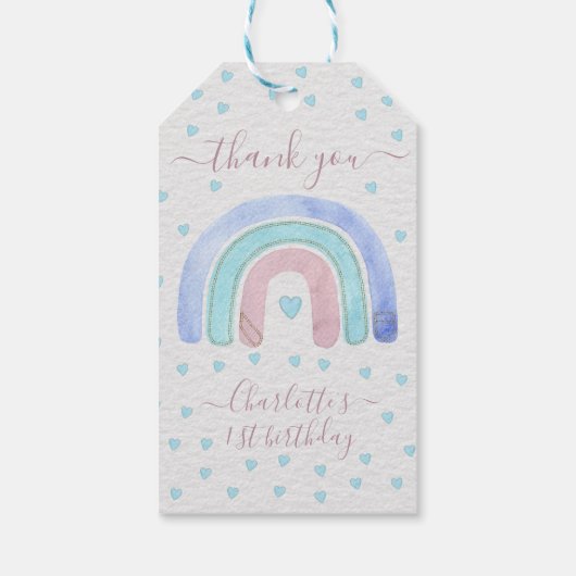 Blauwe Paarse pasteelregenboog eerste verjaardag Cadeaulabel (Achterkant)