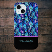 Blauwe Paarse pauwenveren op zwart monogram Case-Mate iPhone Case