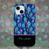 Blauwe Paarse pauwenveren op zwart monogram Case-Mate iPhone Case