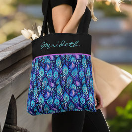 Blauwe Paarse pauwenveren op zwart monogram Tote Bag