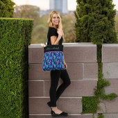 Blauwe Paarse pauwenveren op zwart monogram Tote Bag