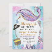 Blauwe Paarse piraten Mermaid Joint Birthday Kaart (Voorkant)