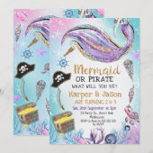 Blauwe Paarse piraten Mermaid Joint Birthday Kaart (Voorkant / Achterkant)