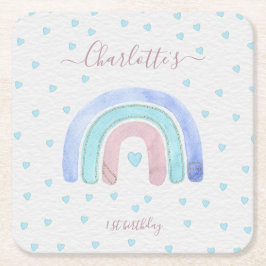 Blauwe Paarse regenboog eerste verjaardag Kartonnen Onderzetters