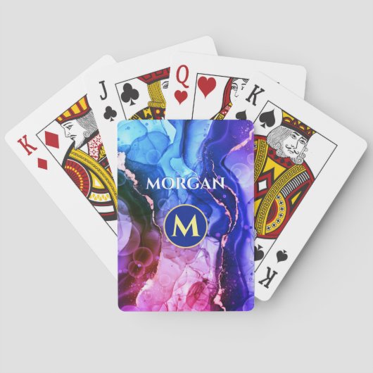 Blauwe Paarse Rood-Violet Vloeibare inkt, monogram Pokerkaarten (Achterkant)