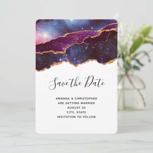 Blauwe & Paarse Ruimte & Sterren Bruiloft Save The Date (Staand voorkant)